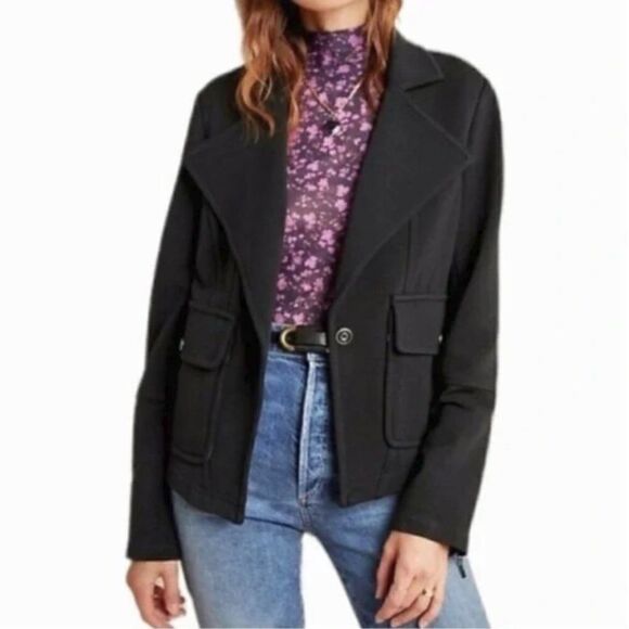 Anthropologie Sylvia Surin Ponte Knit Moto Black Blazer Jacket Women's Size XS
